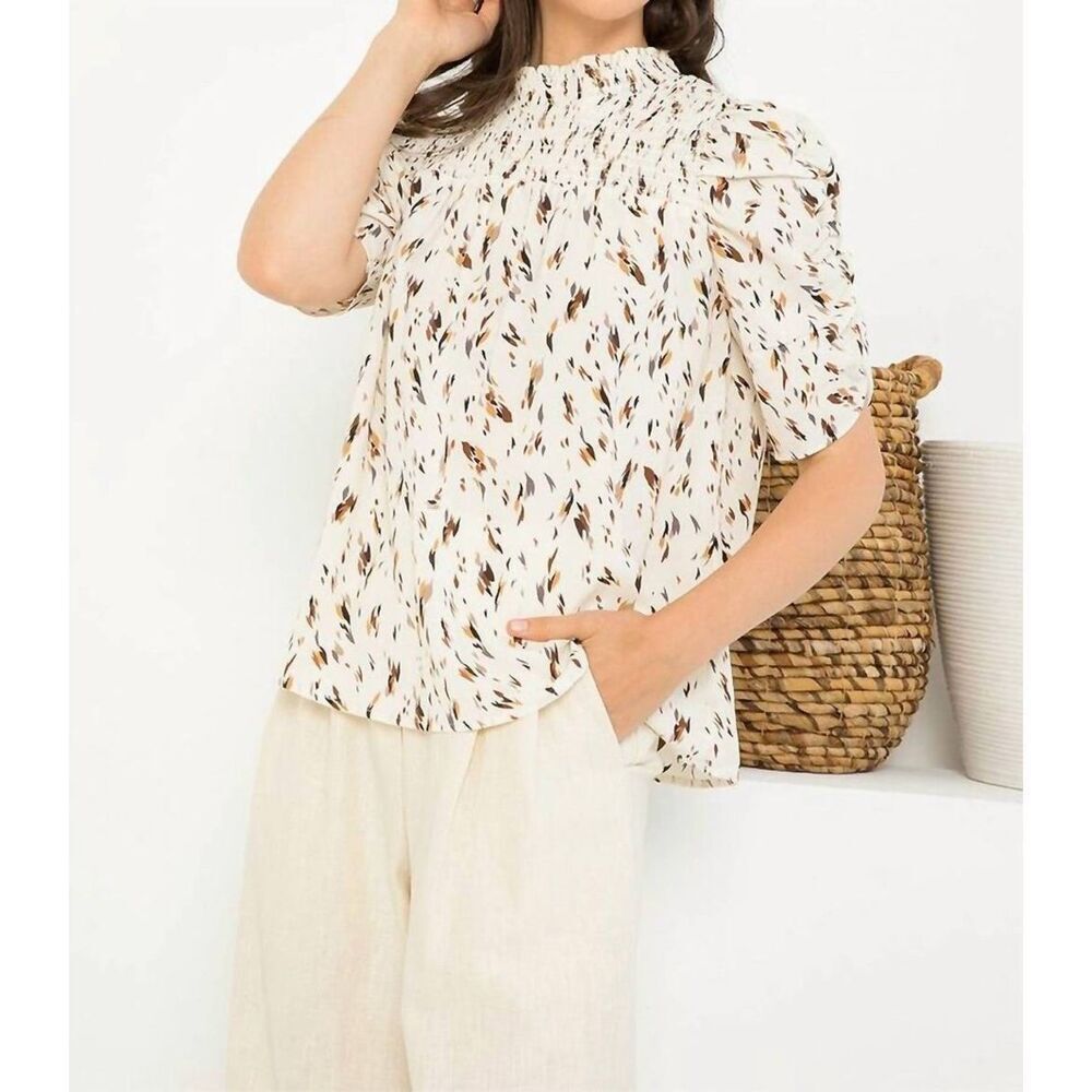 THML Cream Tan Brown Feather Not In My Cap Ruched Half Sleeve Blouse Medium